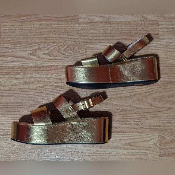 FINAL PRICE Marina Rinaldi Gold Platform Sandals 38 7.5 US Leather Retro Disco - Picture 2 of 5